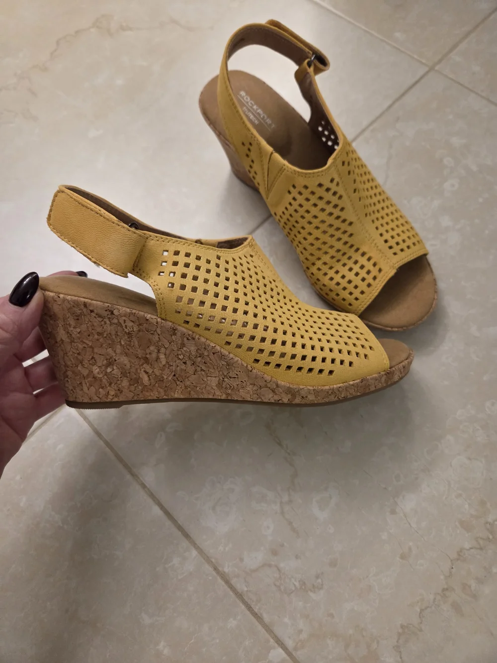 Rockport Yellow Perforated Cork Wedge Sandals